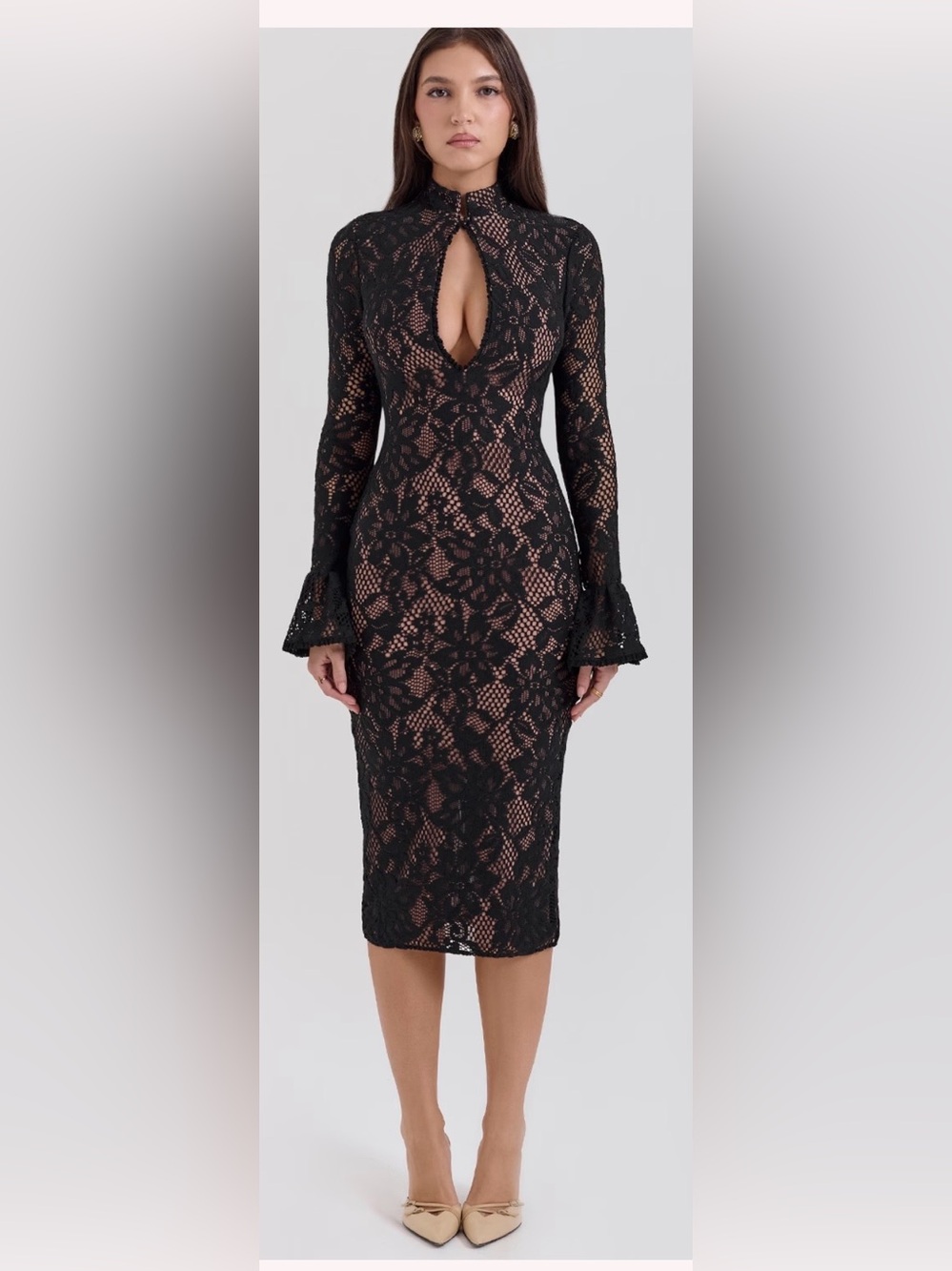 House of CB Black Lace Long Sleeve Midi Dress